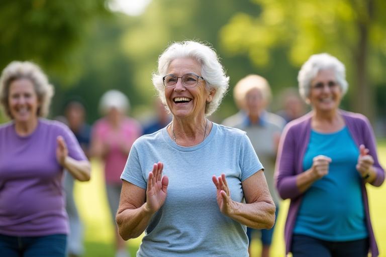 Diverse group of smiling older adults participating in a community fitness class outdoors.