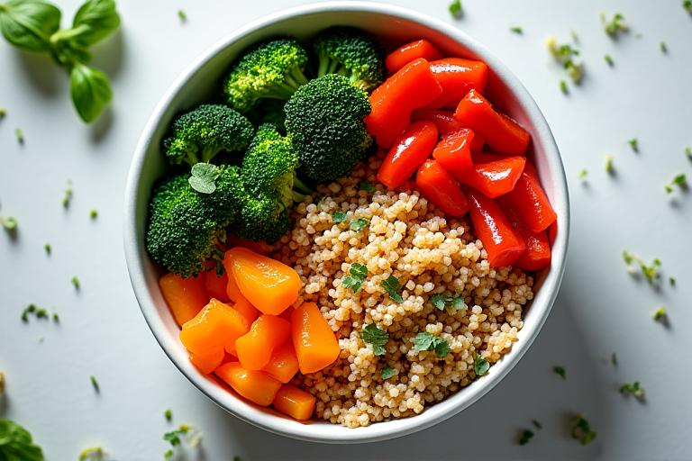 Colorful, healthy meal with vegetables and lean protein, representing gut-friendly foods.