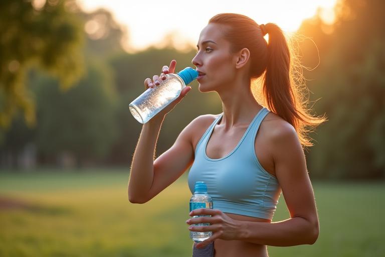 Woman drinking water after a workout, emphasizing hydration.