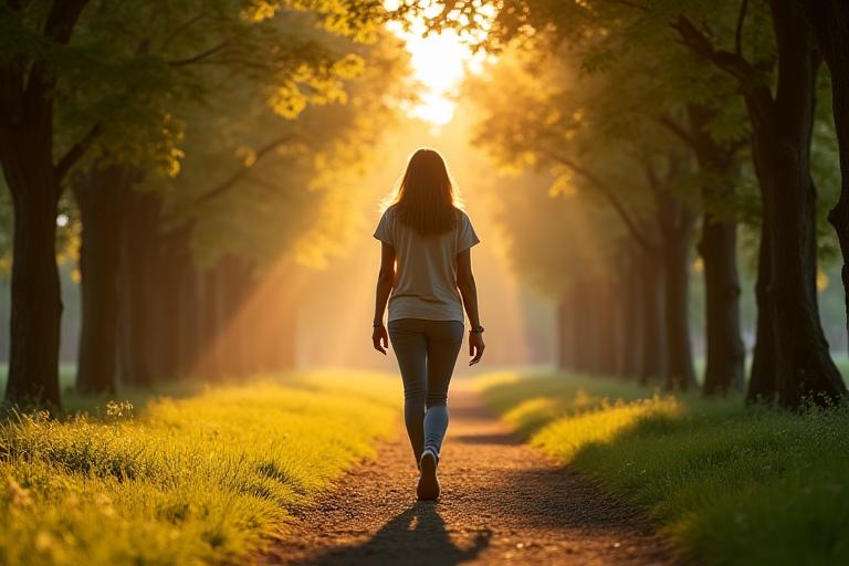 Person walking mindfully in a park with sunlight filtering through trees.