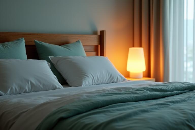 Peaceful bedroom scene with soft lighting, emphasizing good sleep hygiene.