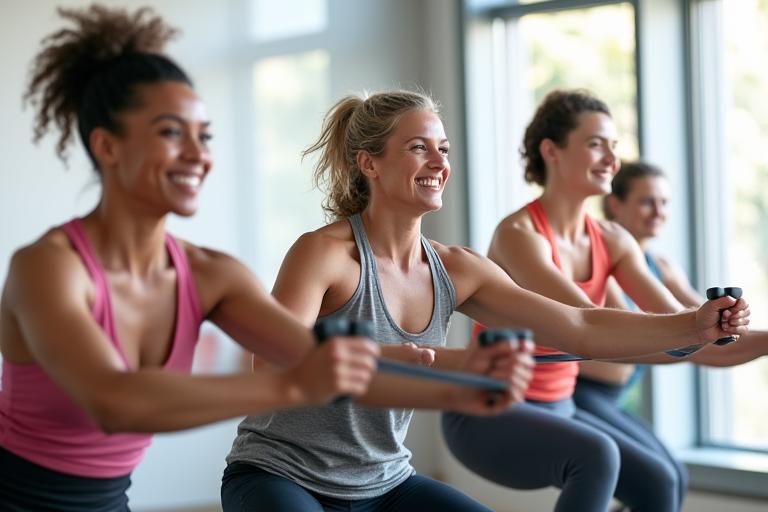 Diverse group of adults (40s-50s) performing light strength training exercises in a bright gym.