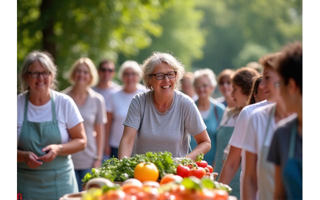 Diverse group of adults (35-55) participating in a cheerful outdoor community wellness event, such as a healthy cooking class or group walk.