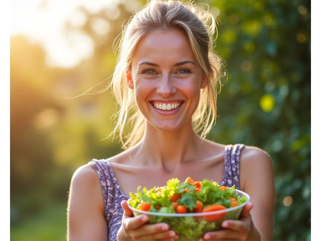 Woman enjoying a nutritious, colorful salad