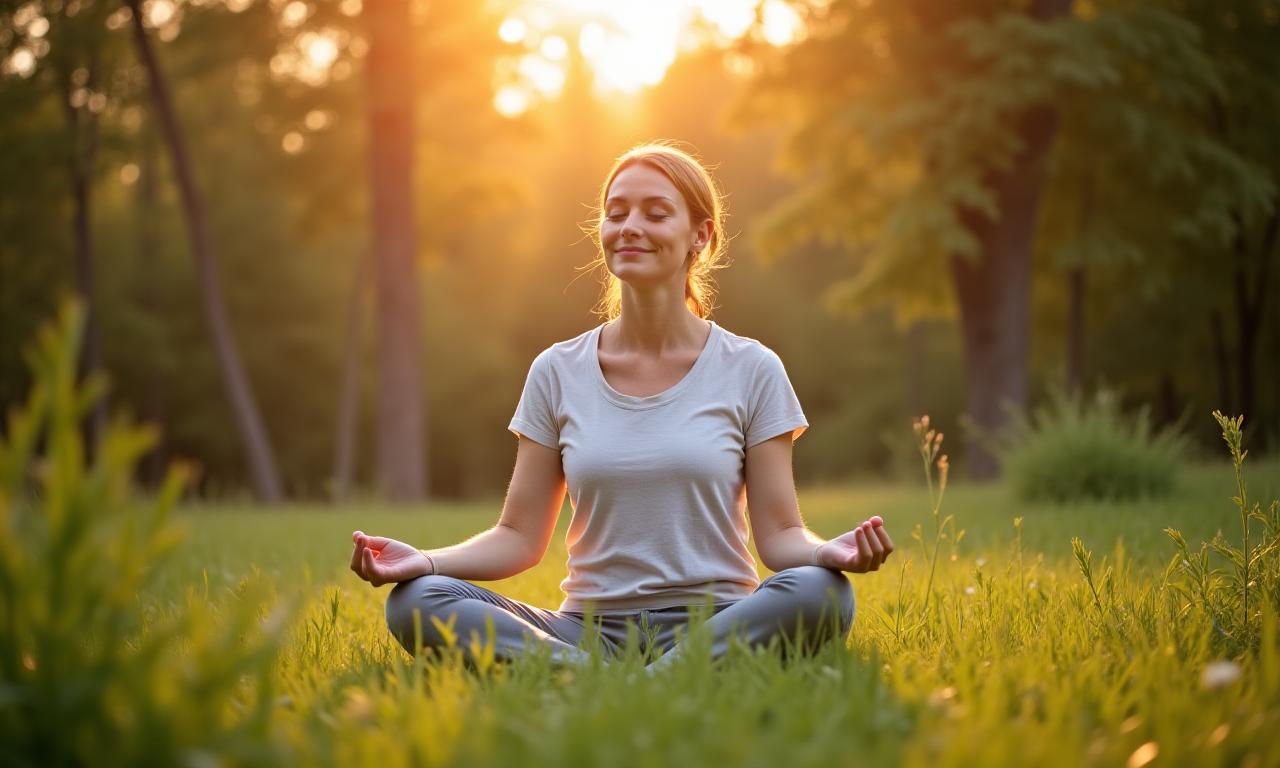 Healthy adult woman (40s) meditating calmly in a serene, natural setting with warm sunlight