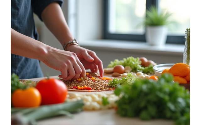 Hands preparing a nutritious, colorful meal in a modern kitchen setting.