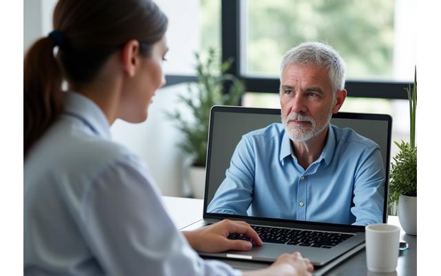 A health professional attentively listening to a client during a one-on-one virtual consultation.