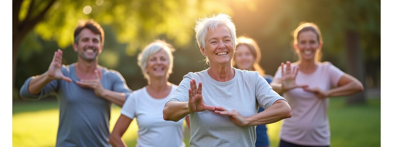 Diverse group of adults (35-55) smiling and engaged in a calm wellness activity like stretching or light yoga outdoors, evoking support and well-being.