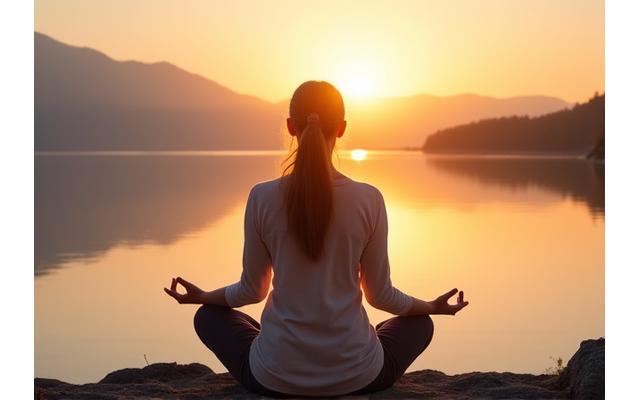 Person meditating peacefully outdoors at sunrise, reflecting calm and stress relief.